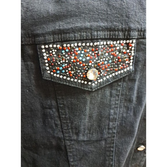 Mirasol Woman Plus Size 2X Black Denim Trucker Jacket Rhineston Studded Collared - Picture 2 of 11